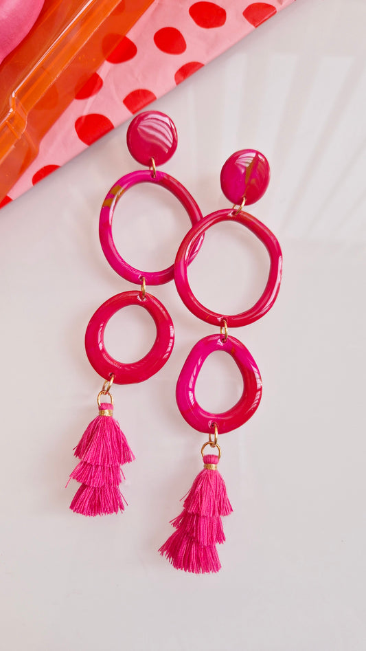 Pink Tiered Tassel Statement Earrings - Handmade Polymer Clay Dangle Earrings