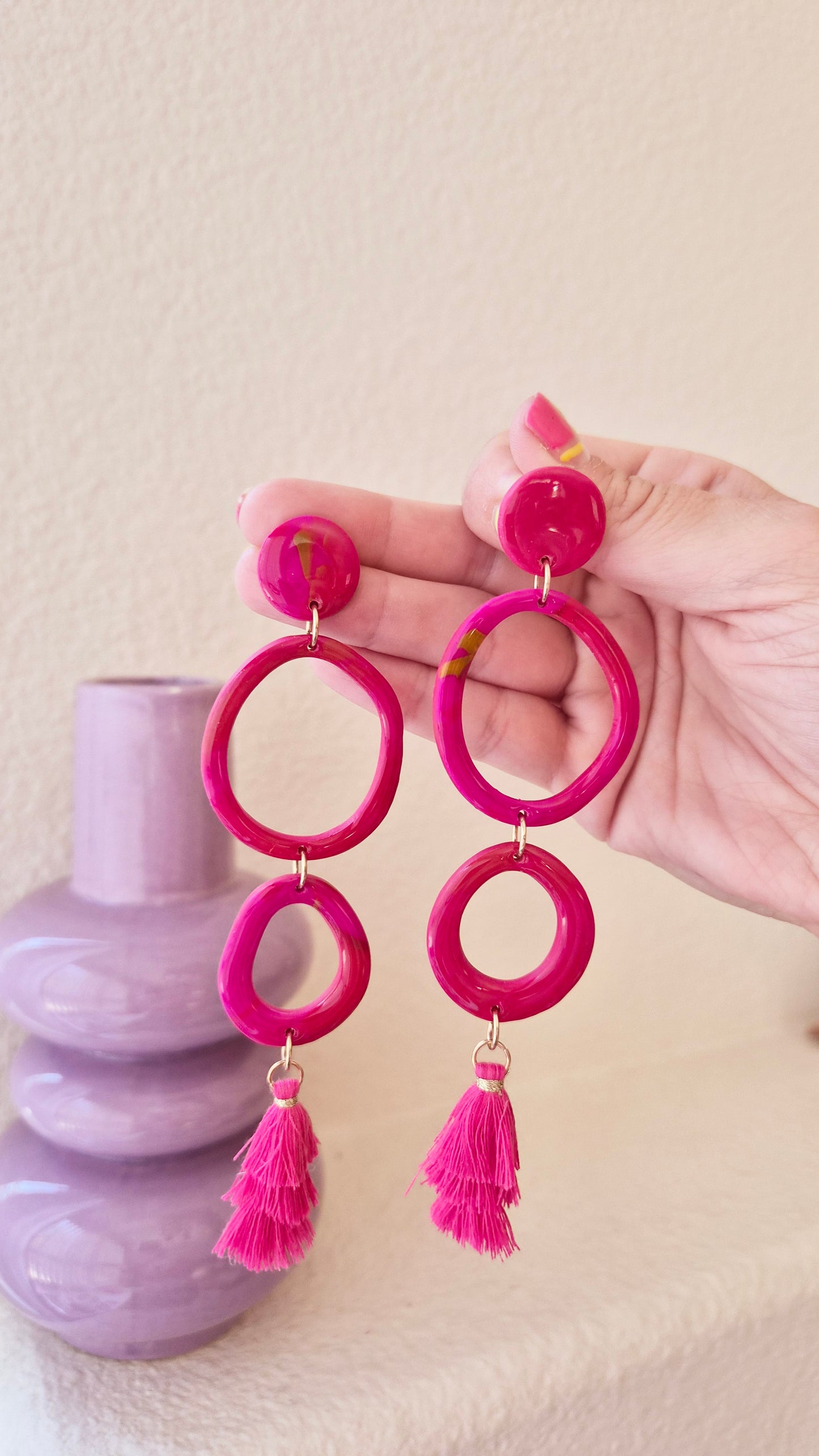 Pink Tiered Tassel Statement Earrings - Handmade Polymer Clay Dangle Earrings