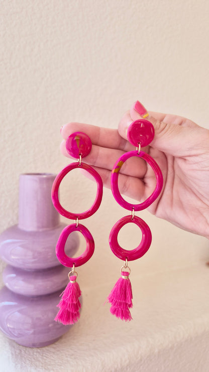 Pink Tiered Tassel Statement Earrings - Handmade Polymer Clay Dangle Earrings