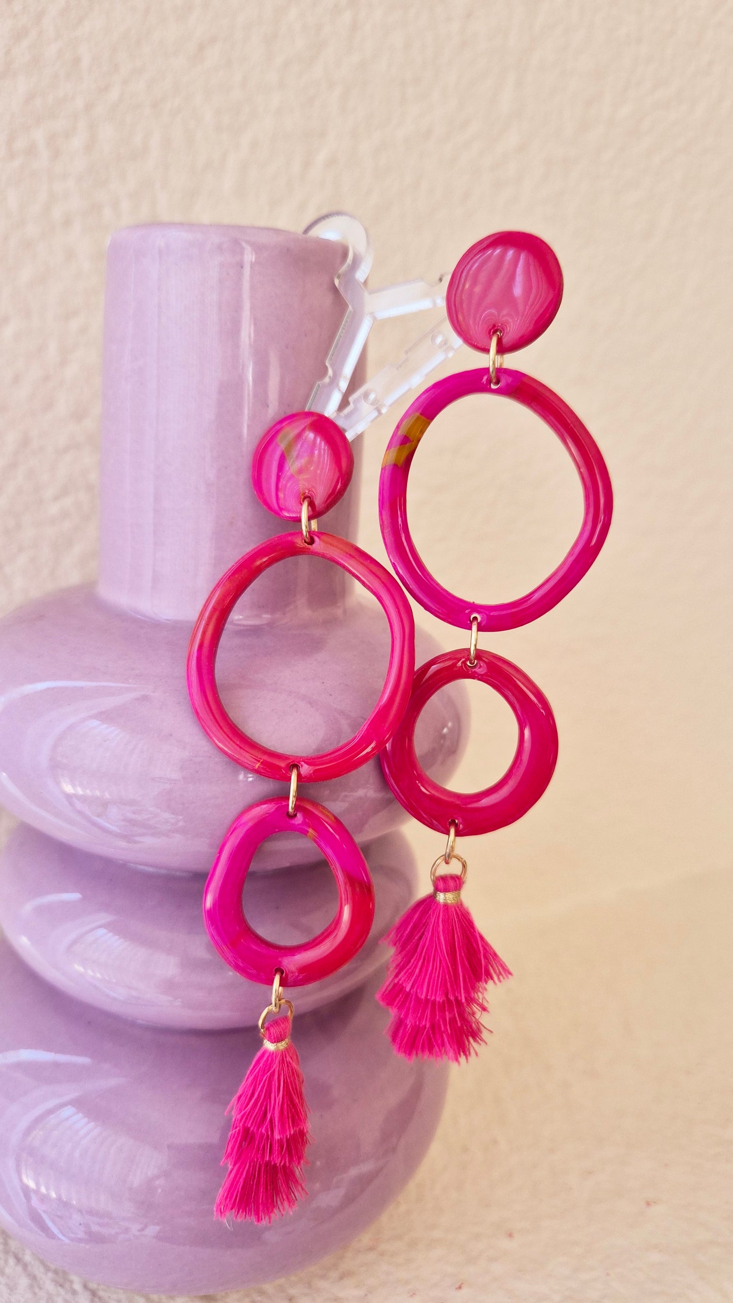 Pink Tiered Tassel Statement Earrings - Handmade Polymer Clay Dangle Earrings