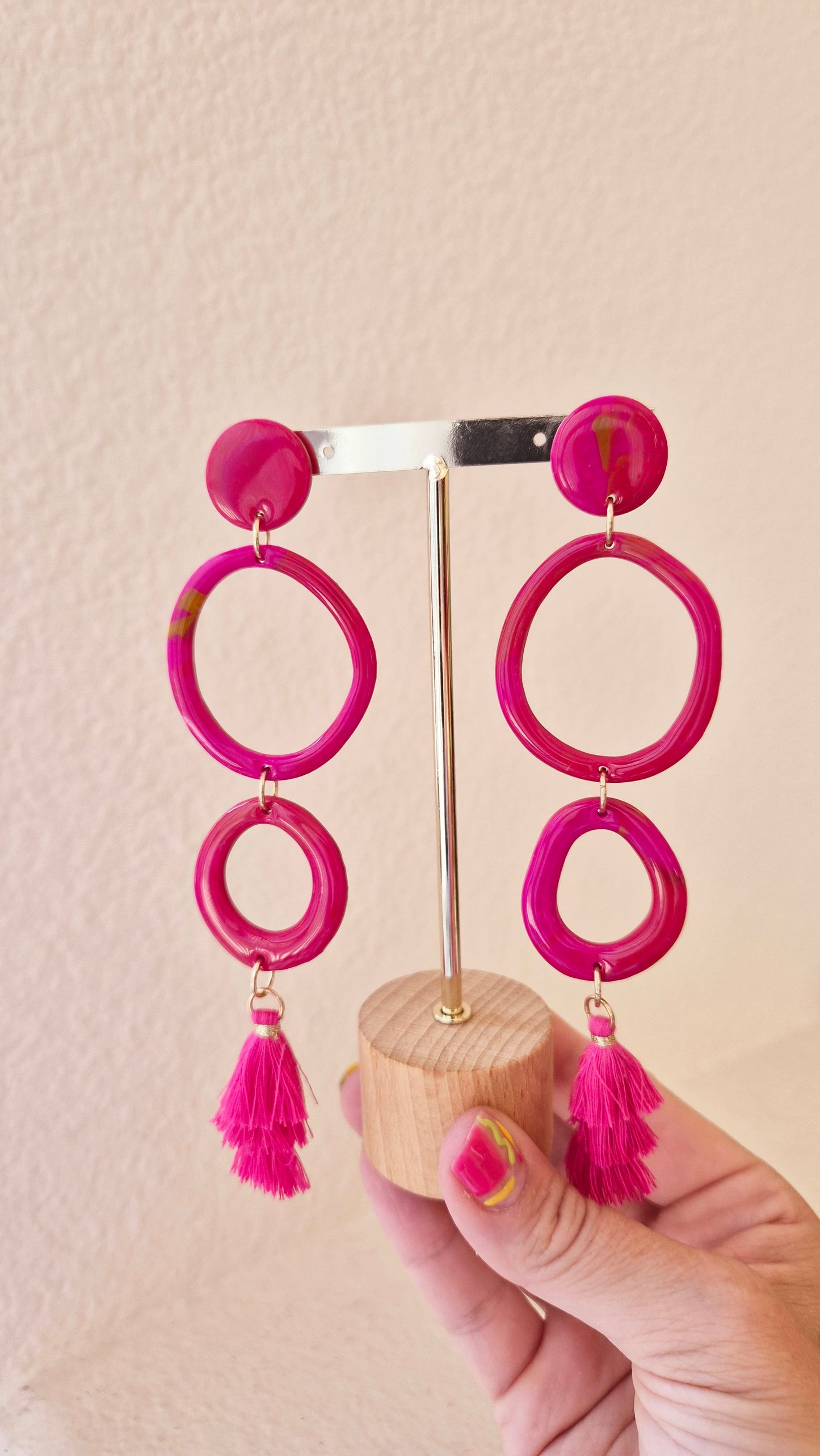 Pink Tiered Tassel Statement Earrings - Handmade Polymer Clay Dangle Earrings