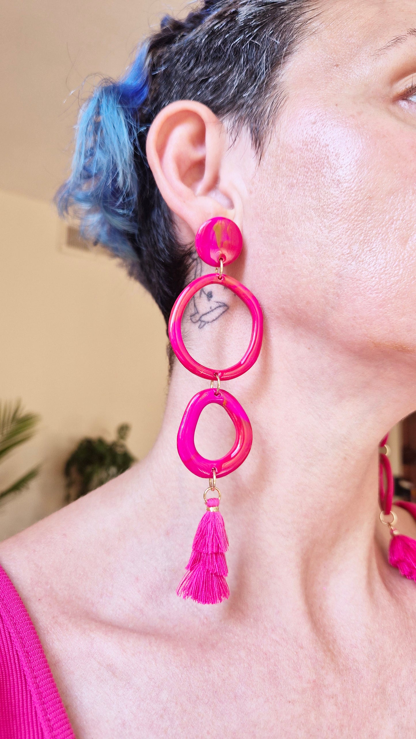 Pink Tiered Tassel Statement Earrings - Handmade Polymer Clay Dangle Earrings