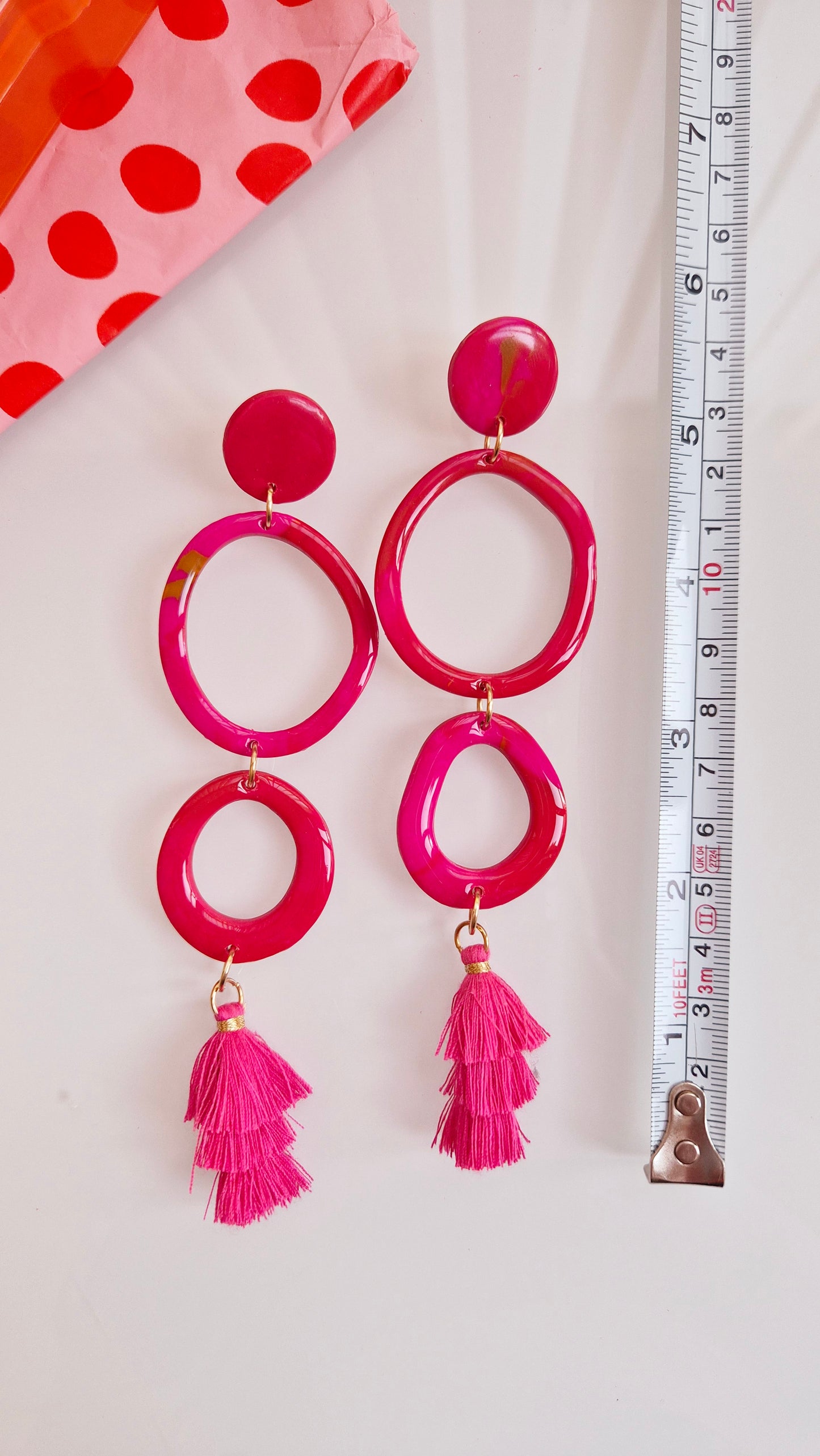 Pink Tiered Tassel Statement Earrings - Handmade Polymer Clay Dangle Earrings