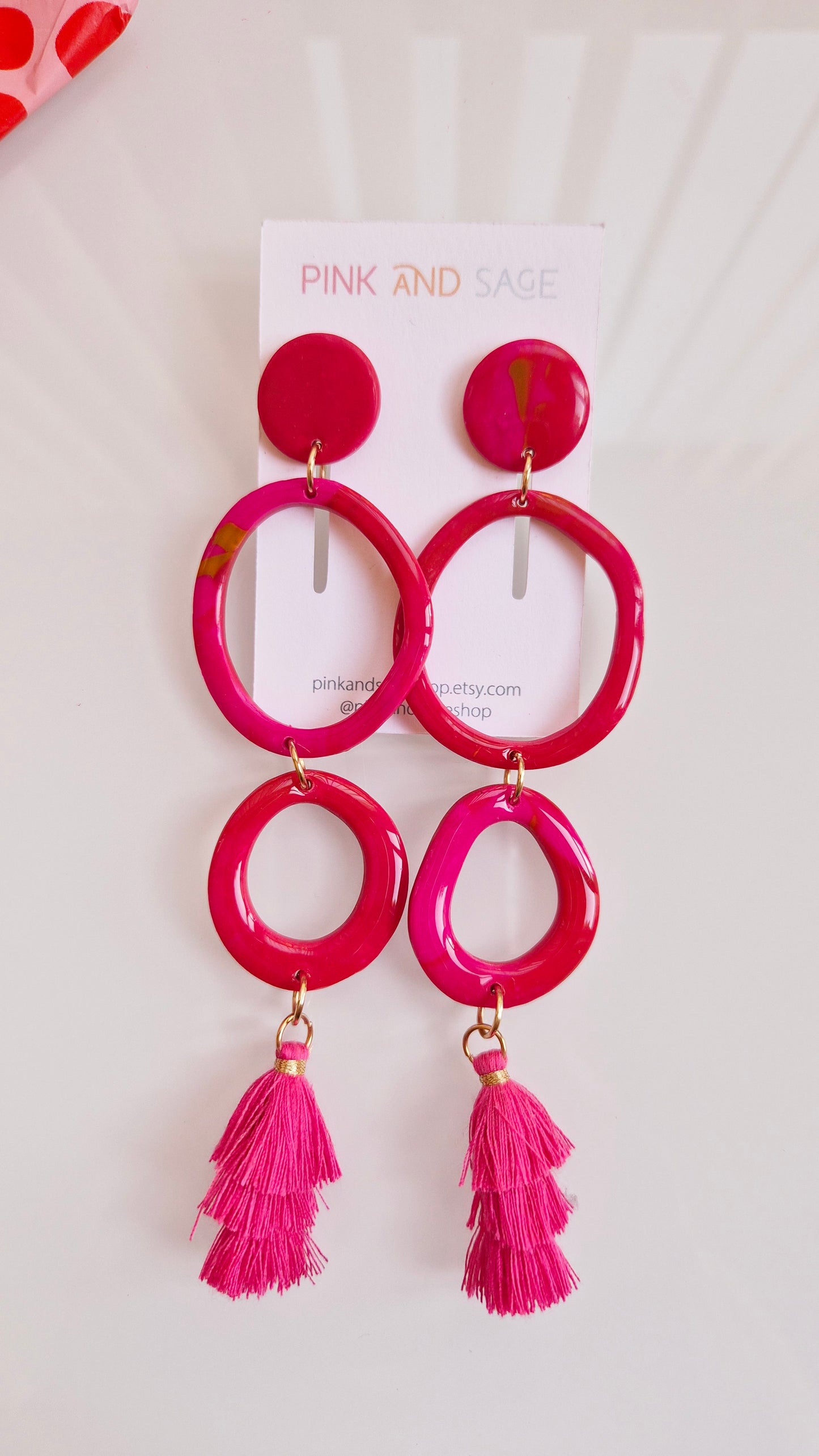 Pink Tiered Tassel Statement Earrings - Handmade Polymer Clay Dangle Earrings