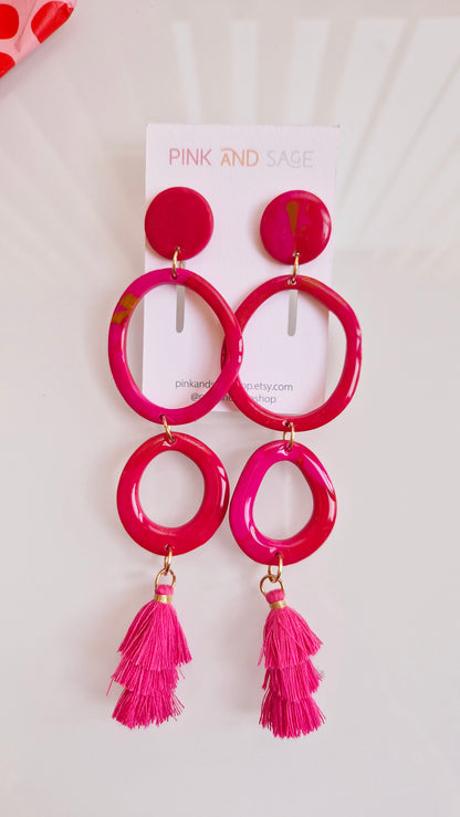 Pink Tiered Tassel Statement Earrings - Handmade Polymer Clay Dangle Earrings