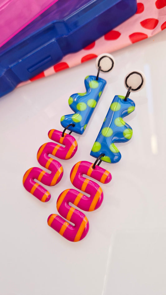 Funky Contrast Statement Earrings - Blue & Pink Geometric Dangles