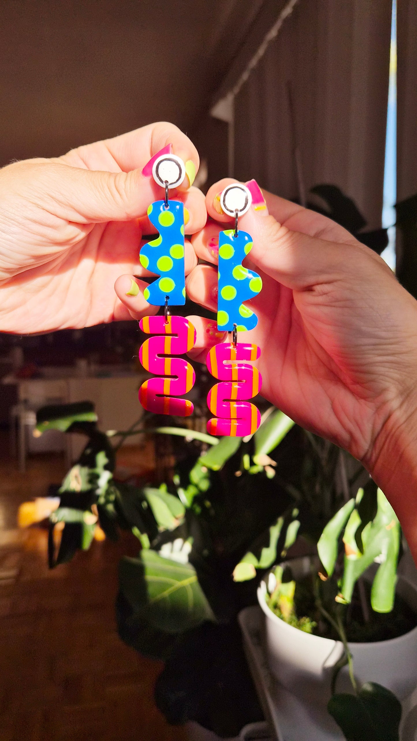 Funky Contrast Statement Earrings - Blue & Pink Geometric Dangles