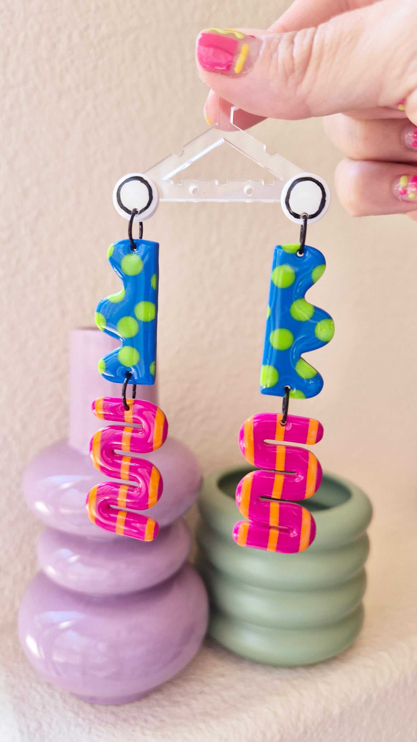 Funky Contrast Statement Earrings - Blue & Pink Geometric Dangles