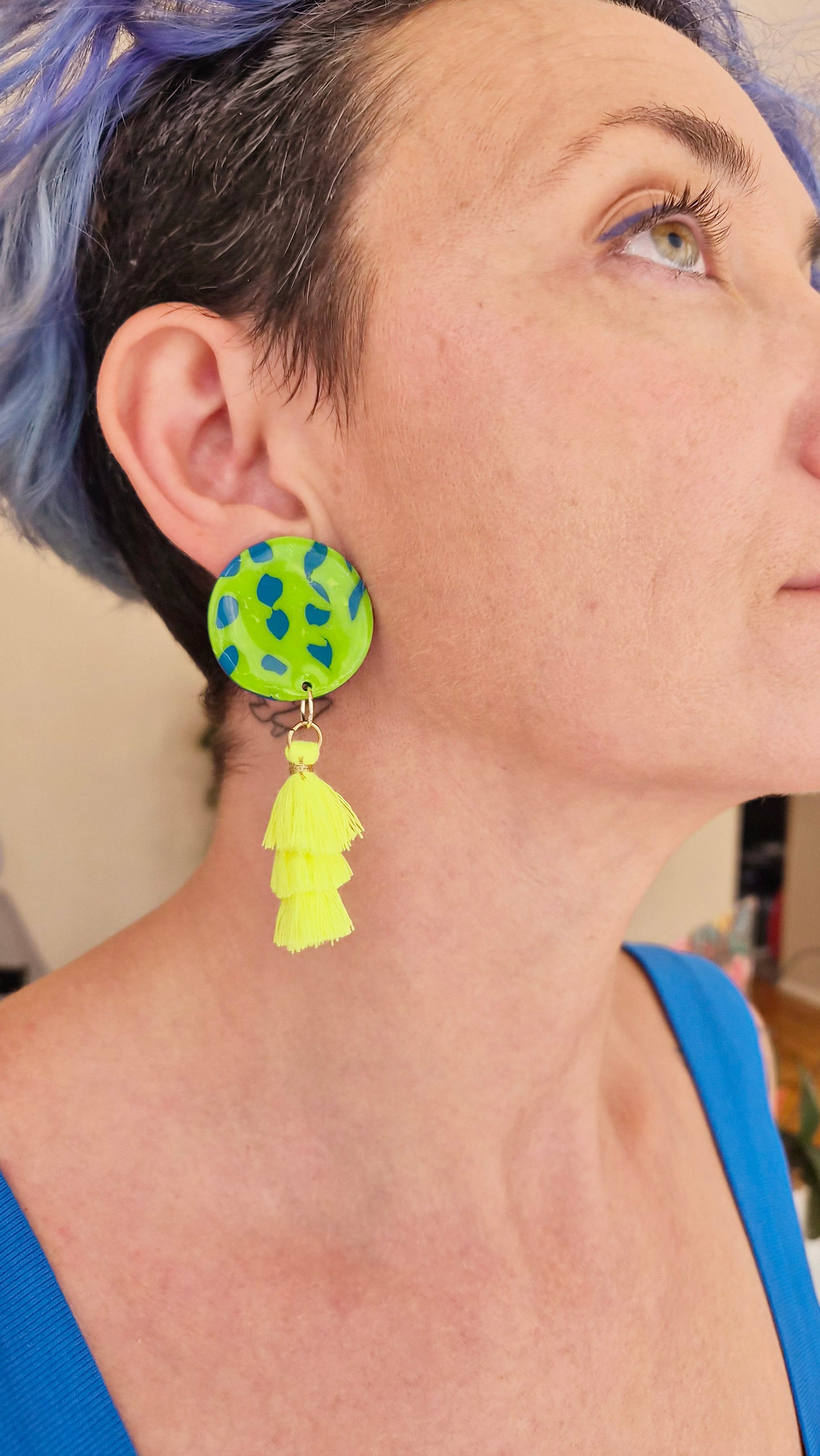 Neon Jungle Statement Earrings – Green & Blue with Yellow Tassels