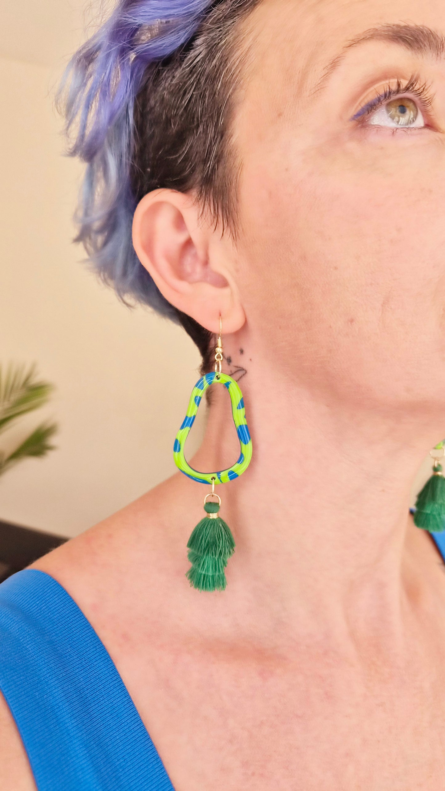 Neon Jungle Drop Earrings – Green & Blue with Emerald Tassels