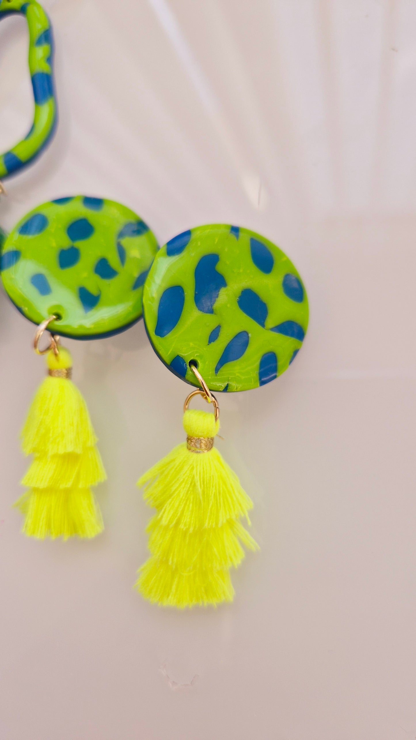 Neon Jungle Statement Earrings – Green & Blue with Yellow Tassels