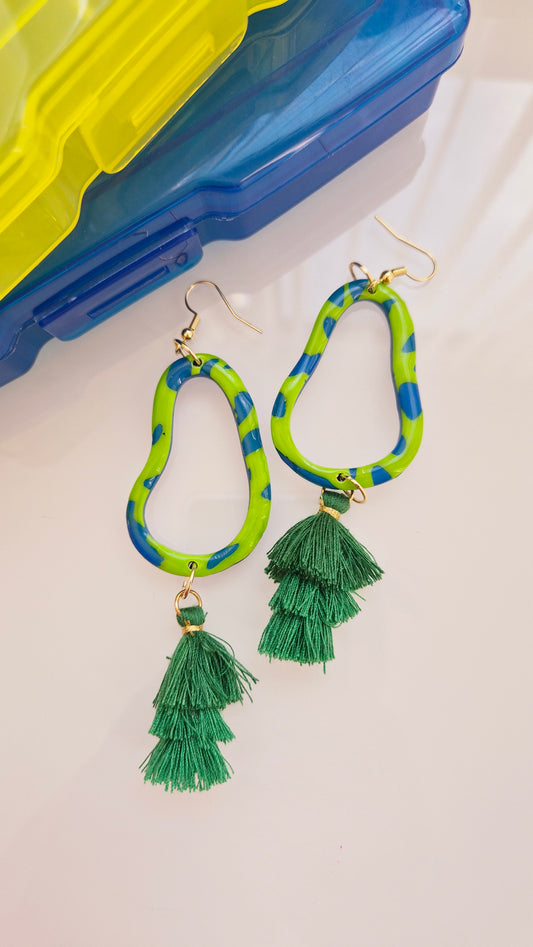 Neon Jungle Drop Earrings – Green & Blue with Emerald Tassels