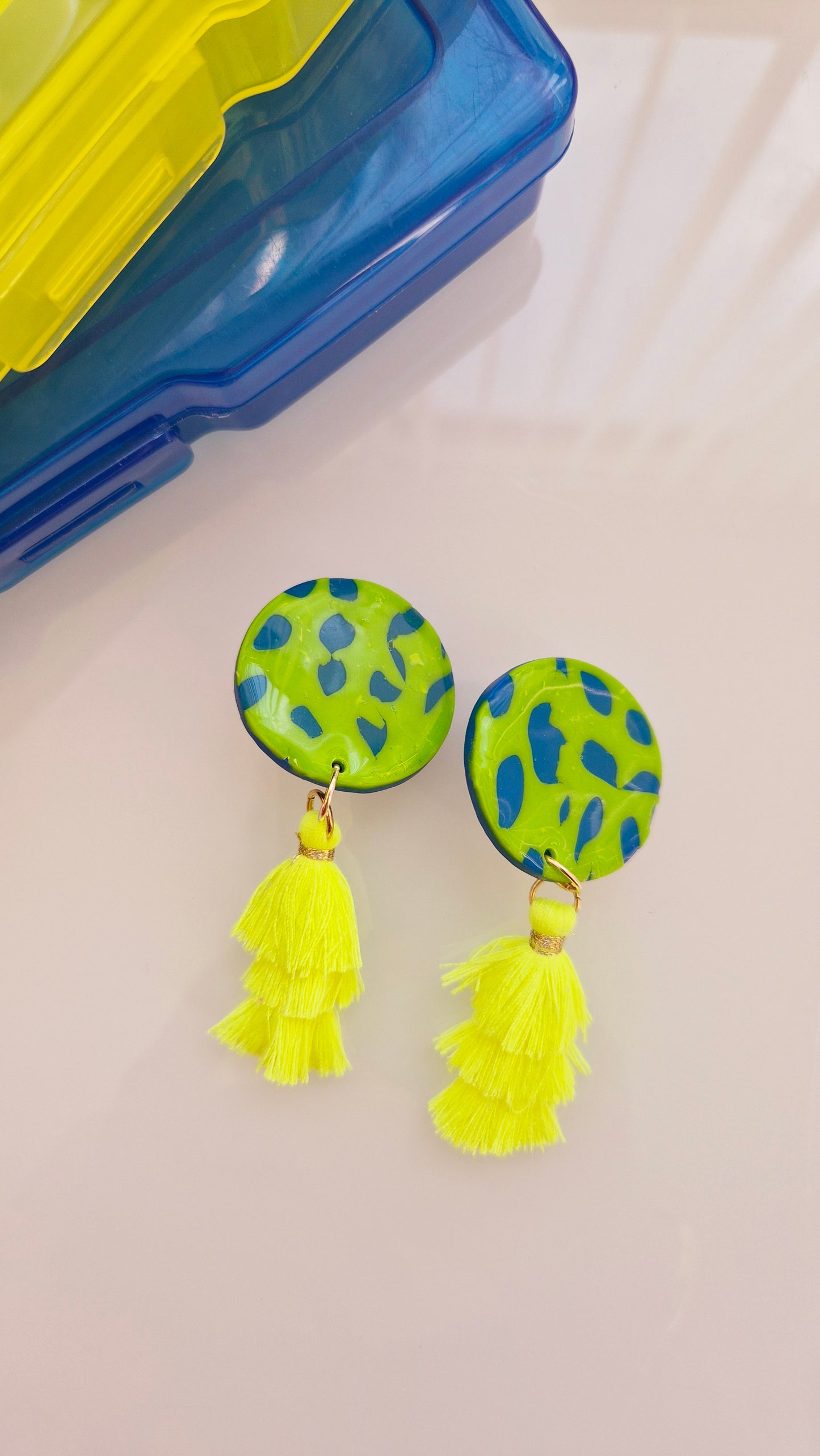 Neon Jungle Statement Earrings – Green & Blue with Yellow Tassels