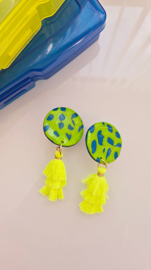 Neon Jungle Statement Earrings – Green & Blue with Yellow Tassels