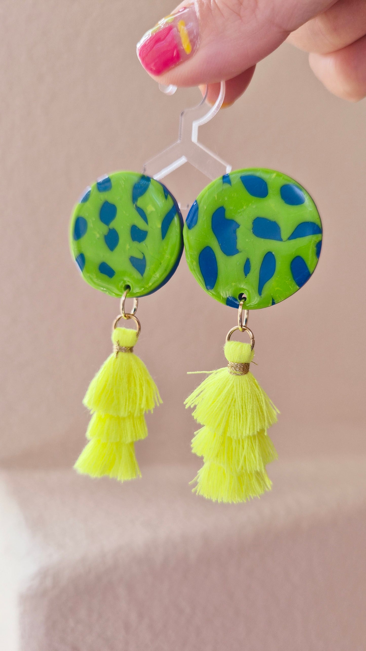 Neon Jungle Statement Earrings – Green & Blue with Yellow Tassels