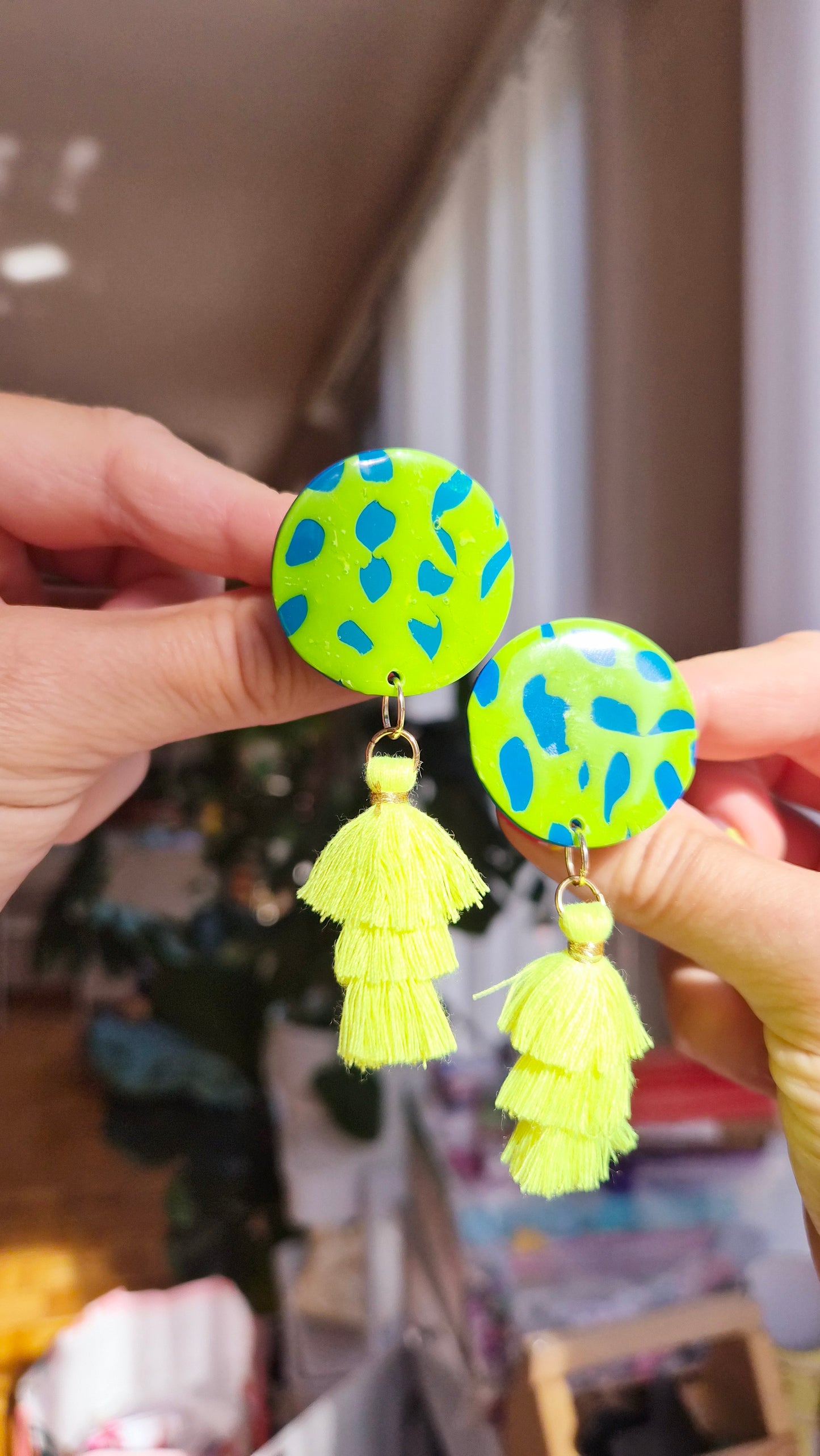 Neon Jungle Statement Earrings – Green & Blue with Yellow Tassels