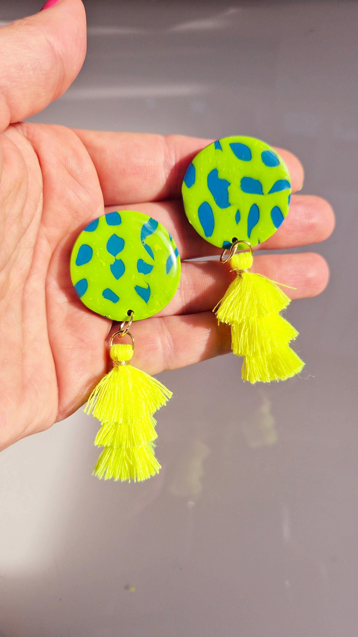 Neon Jungle Statement Earrings – Green & Blue with Yellow Tassels