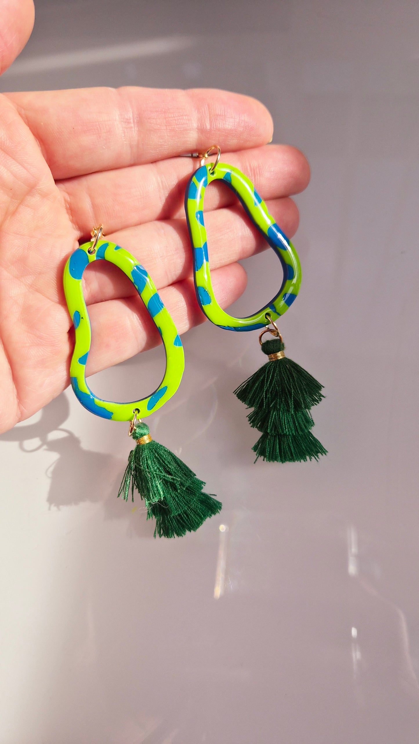 Neon Jungle Drop Earrings – Green & Blue with Emerald Tassels