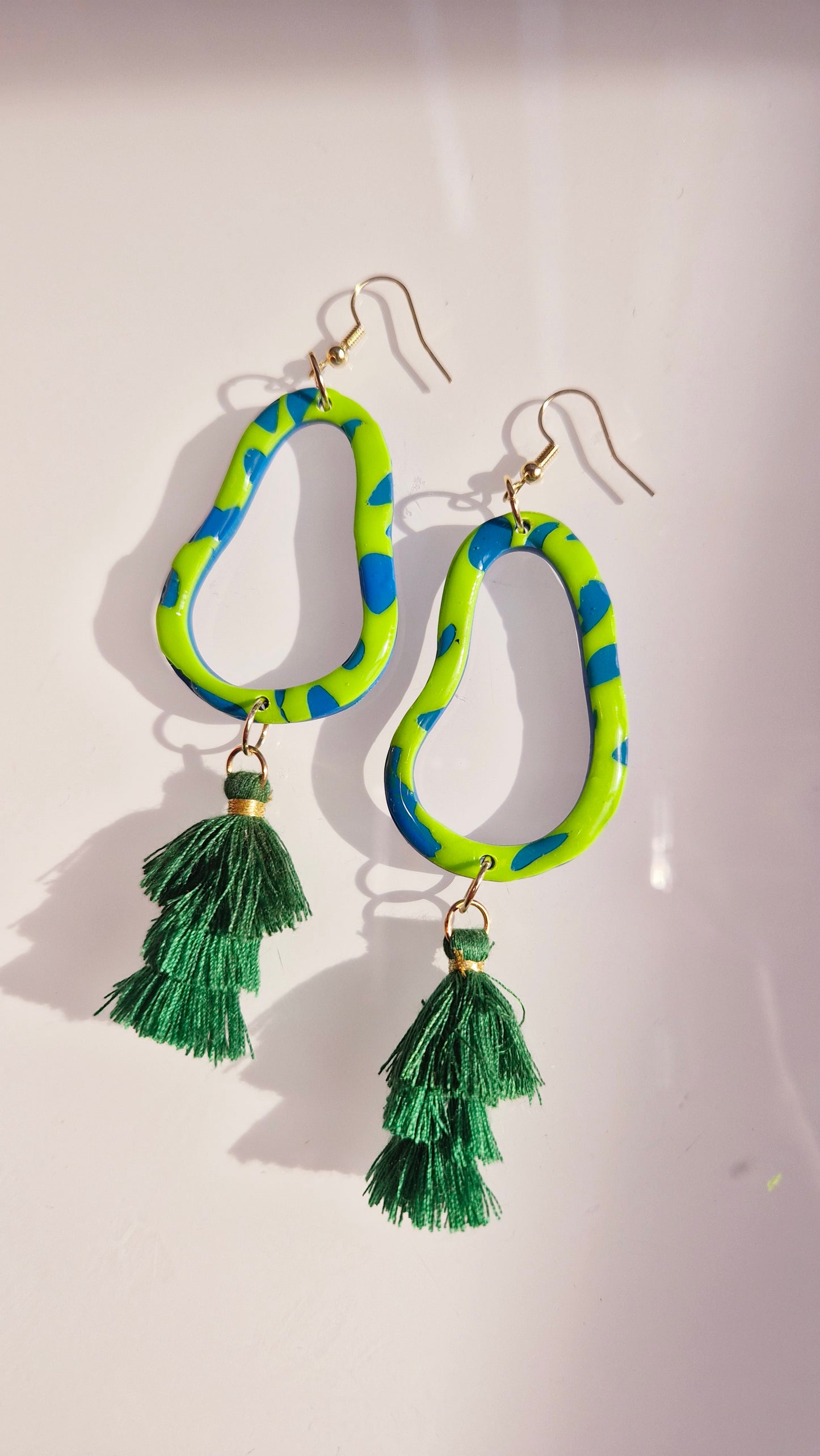 Neon Jungle Drop Earrings – Green & Blue with Emerald Tassels