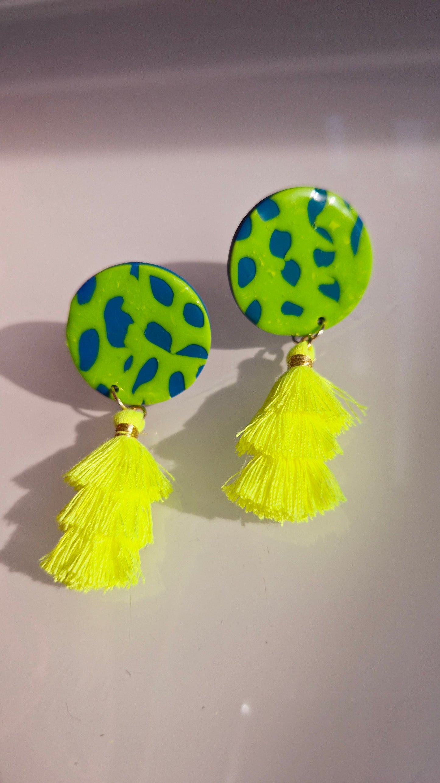 Neon Jungle Statement Earrings – Green & Blue with Yellow Tassels