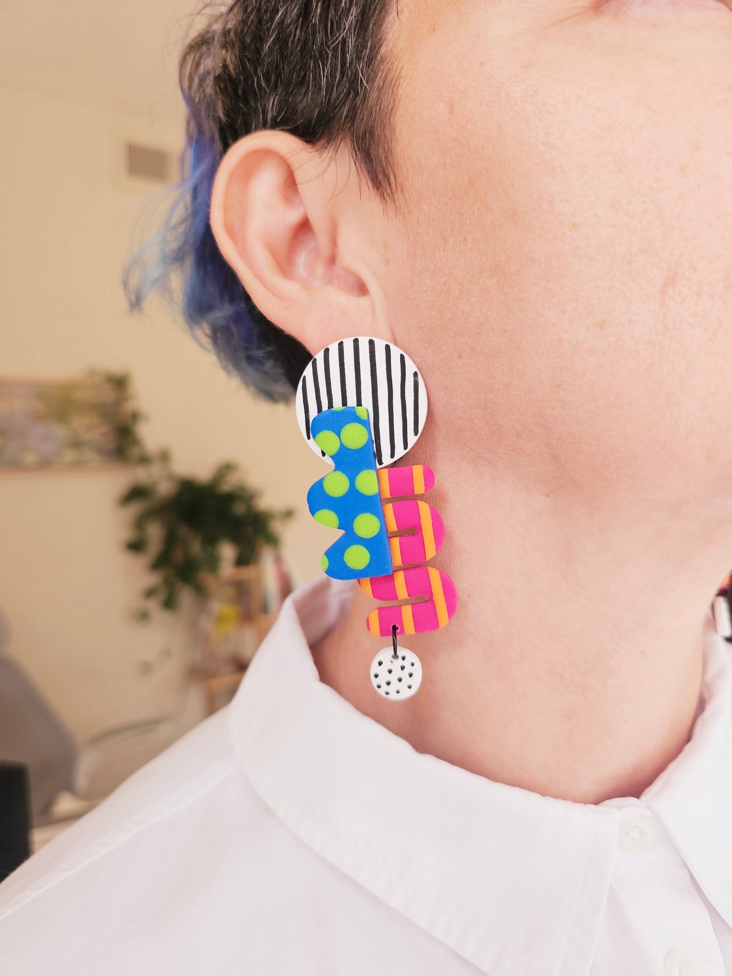 Oversized Geometric Statement Clip-Ons - Bold Blue & Pink Abstract Earrings