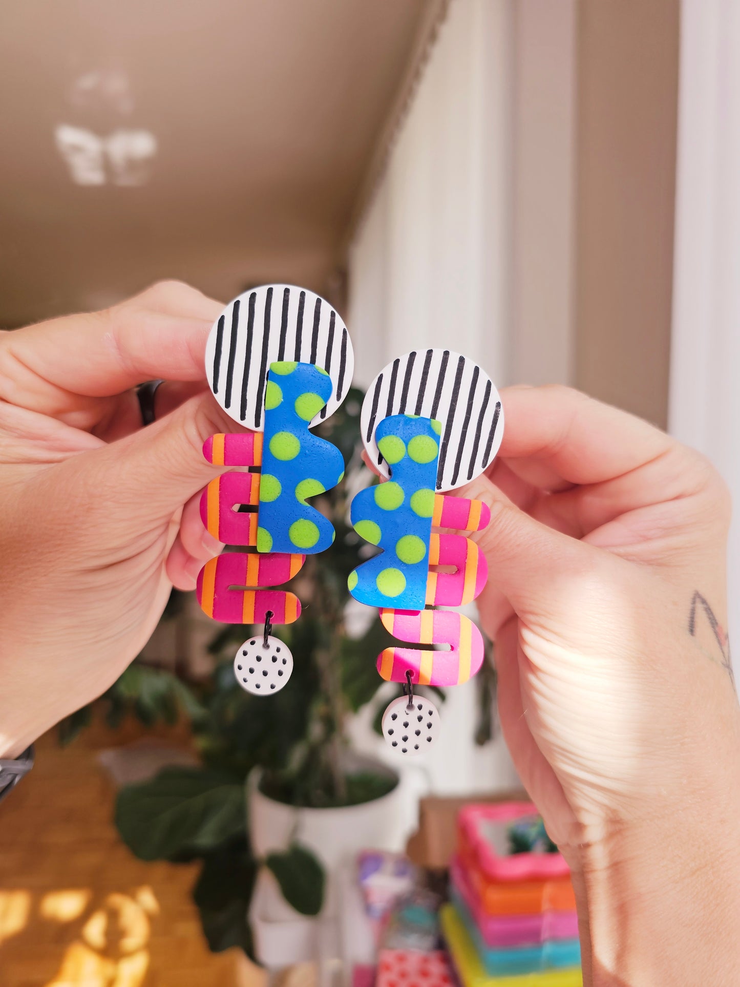 Oversized Geometric Statement Clip-Ons - Bold Blue & Pink Abstract Earrings