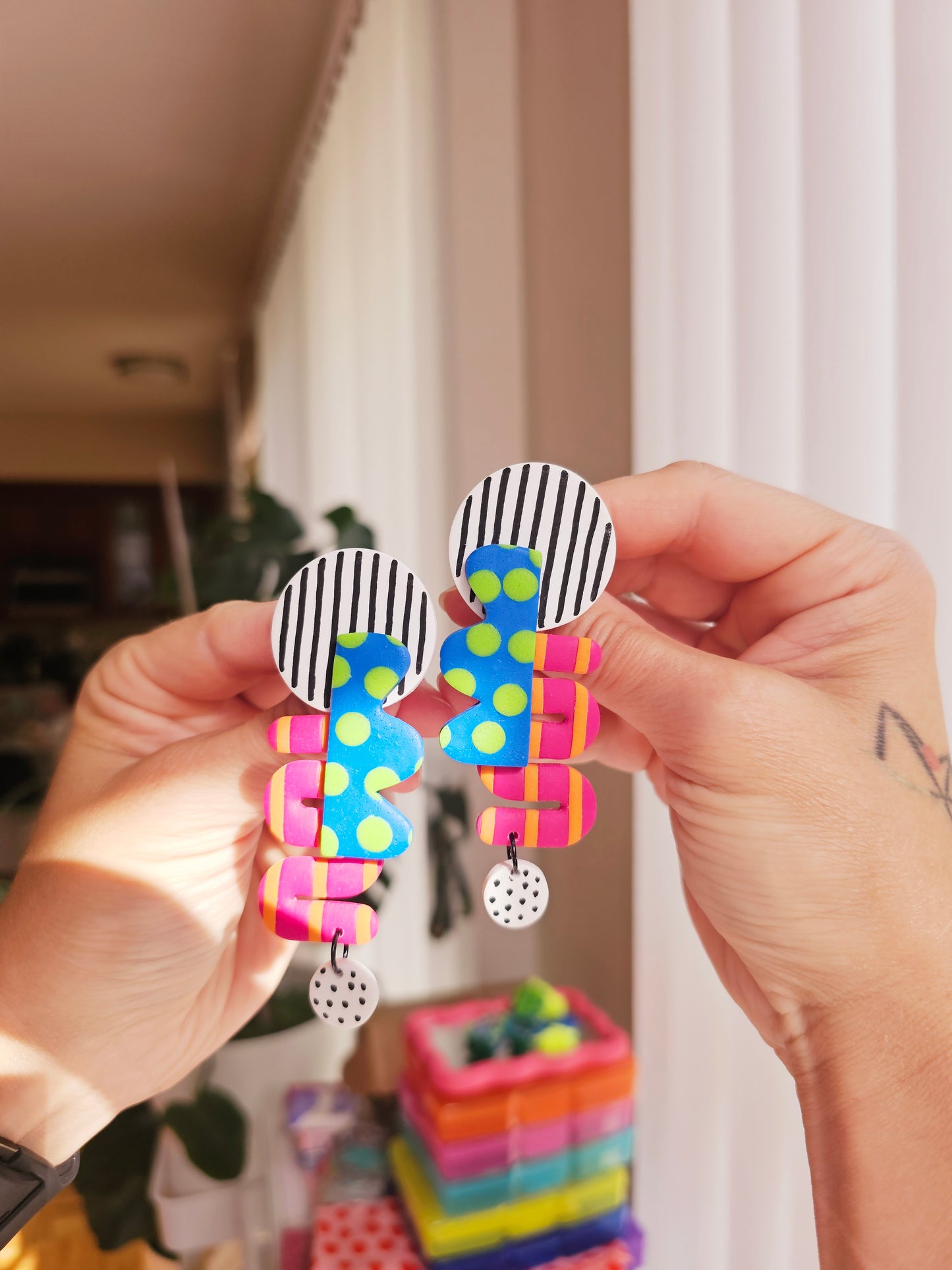 Oversized Geometric Statement Clip-Ons - Bold Blue & Pink Abstract Earrings