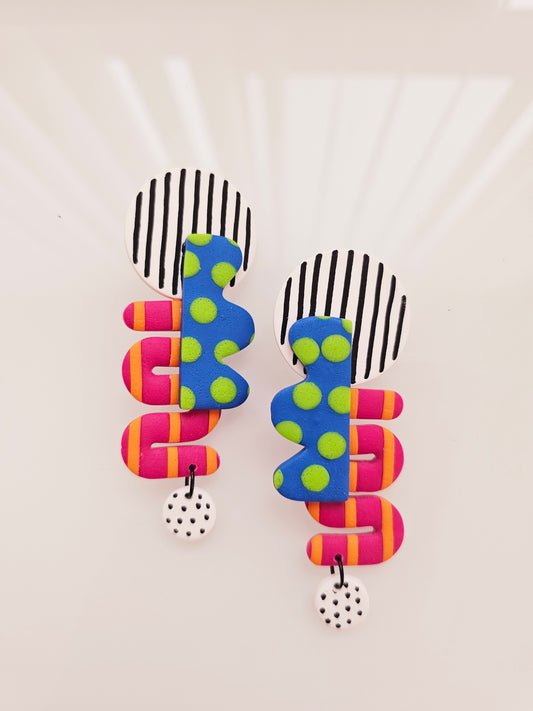 Oversized Geometric Statement Clip-Ons - Bold Blue & Pink Abstract Earrings