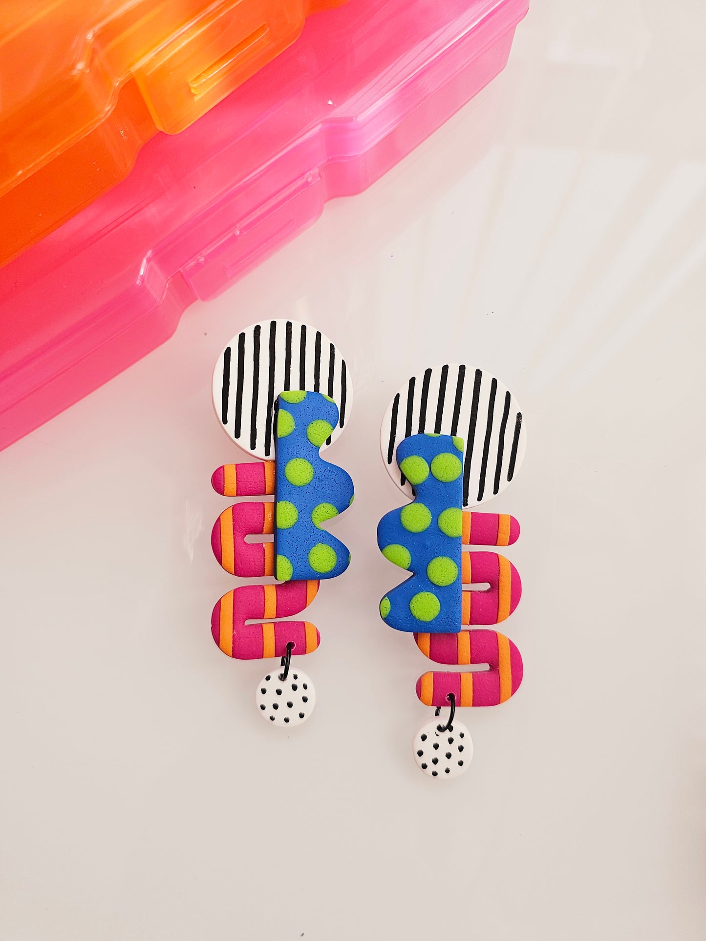 Oversized Geometric Statement Clip-Ons - Bold Blue & Pink Abstract Earrings