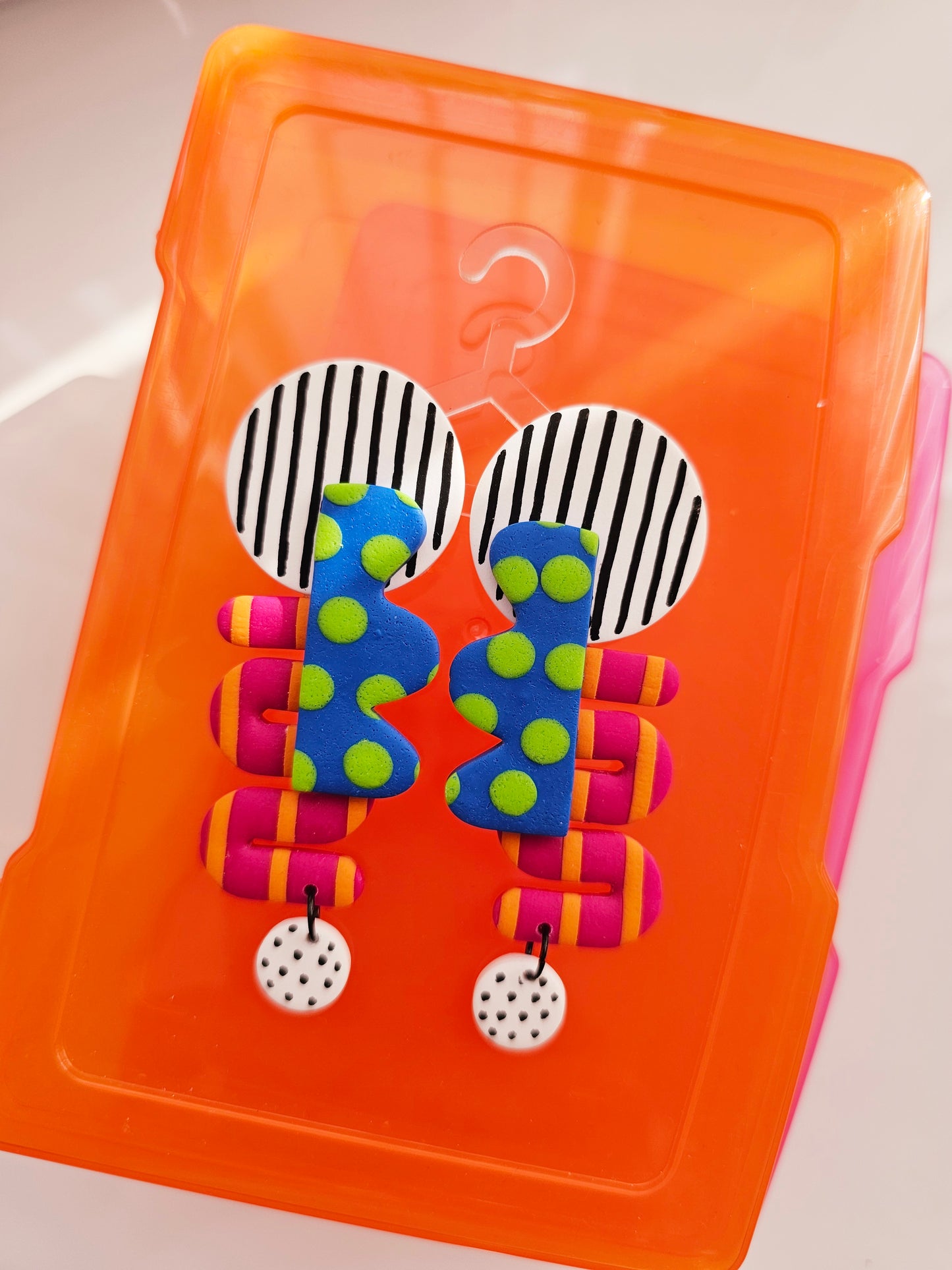 Oversized Geometric Statement Clip-Ons - Bold Blue & Pink Abstract Earrings