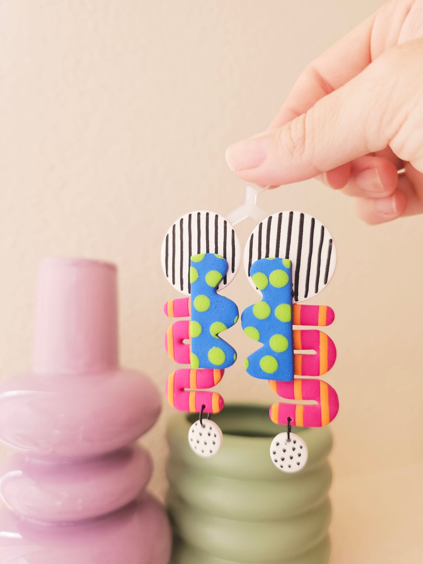 Oversized Geometric Statement Clip-Ons - Bold Blue & Pink Abstract Earrings