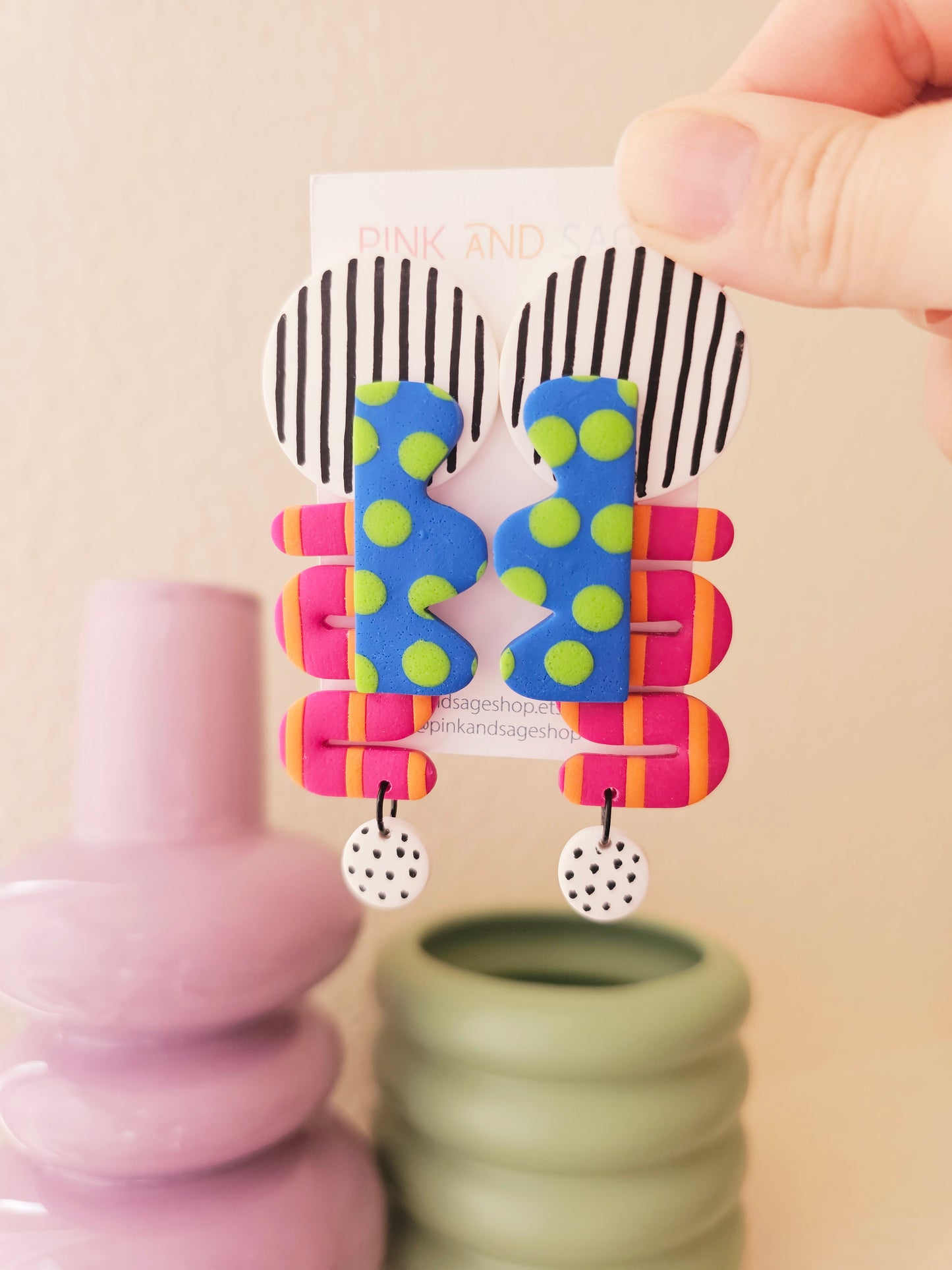 Oversized Geometric Statement Clip-Ons - Bold Blue & Pink Abstract Earrings