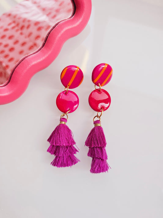 Vibrant Pink Tiered Tassel Earrings - Playful Polymer Clay Statement Dangles