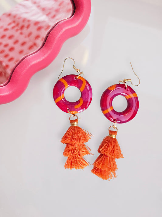 Orange Pink Tassel Earrings - Geometric Polymer Clay Statement Dangles | Pink and Sage