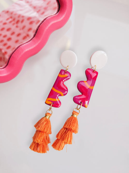 Pink Wavy Tassel Earrings - Abstract Polymer Clay Statement Dangles | Pink and Sage