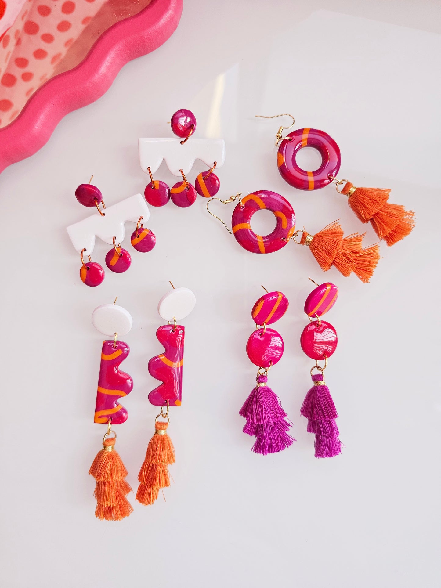 Pink Wavy Tassel Earrings - Abstract Polymer Clay Statement Dangles | Pink and Sage