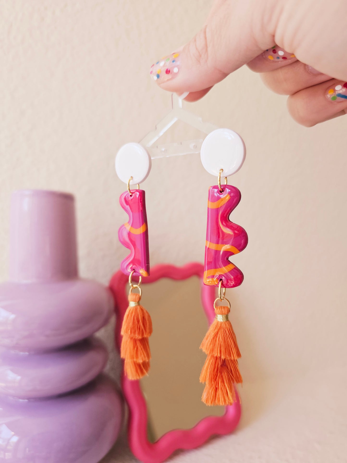 Pink Wavy Tassel Earrings - Abstract Polymer Clay Statement Dangles | Pink and Sage