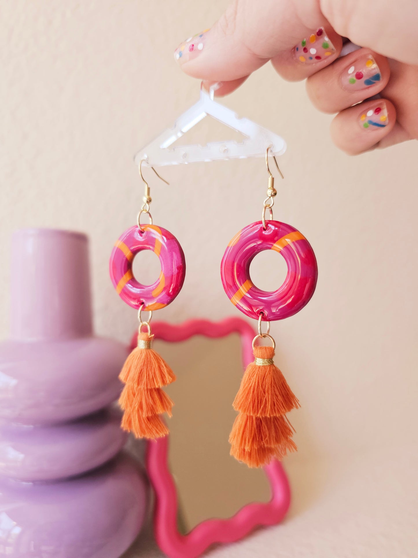 Orange Pink Tassel Earrings - Geometric Polymer Clay Statement Dangles | Pink and Sage
