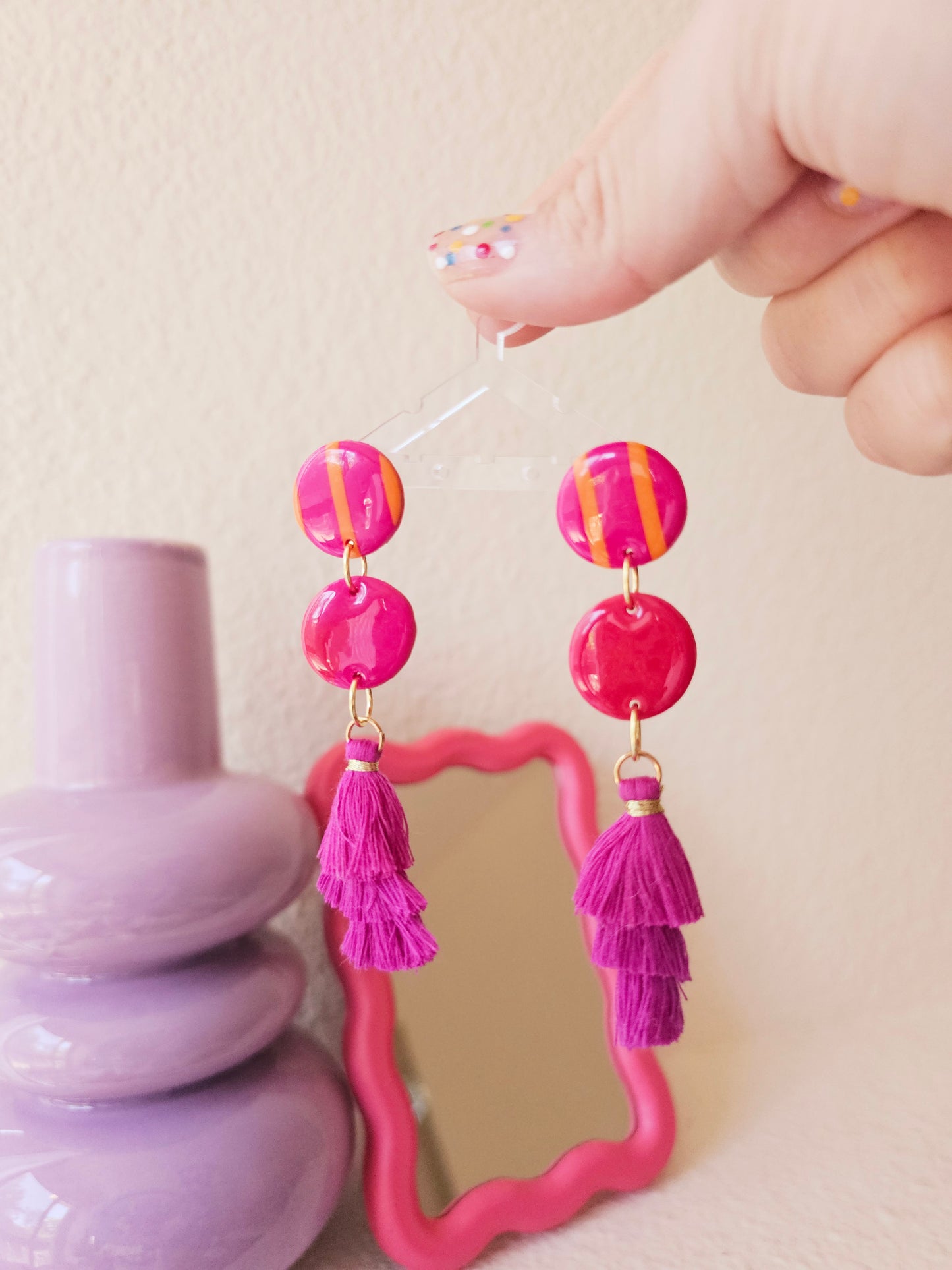 Vibrant Pink Tiered Tassel Earrings - Playful Polymer Clay Statement Dangles