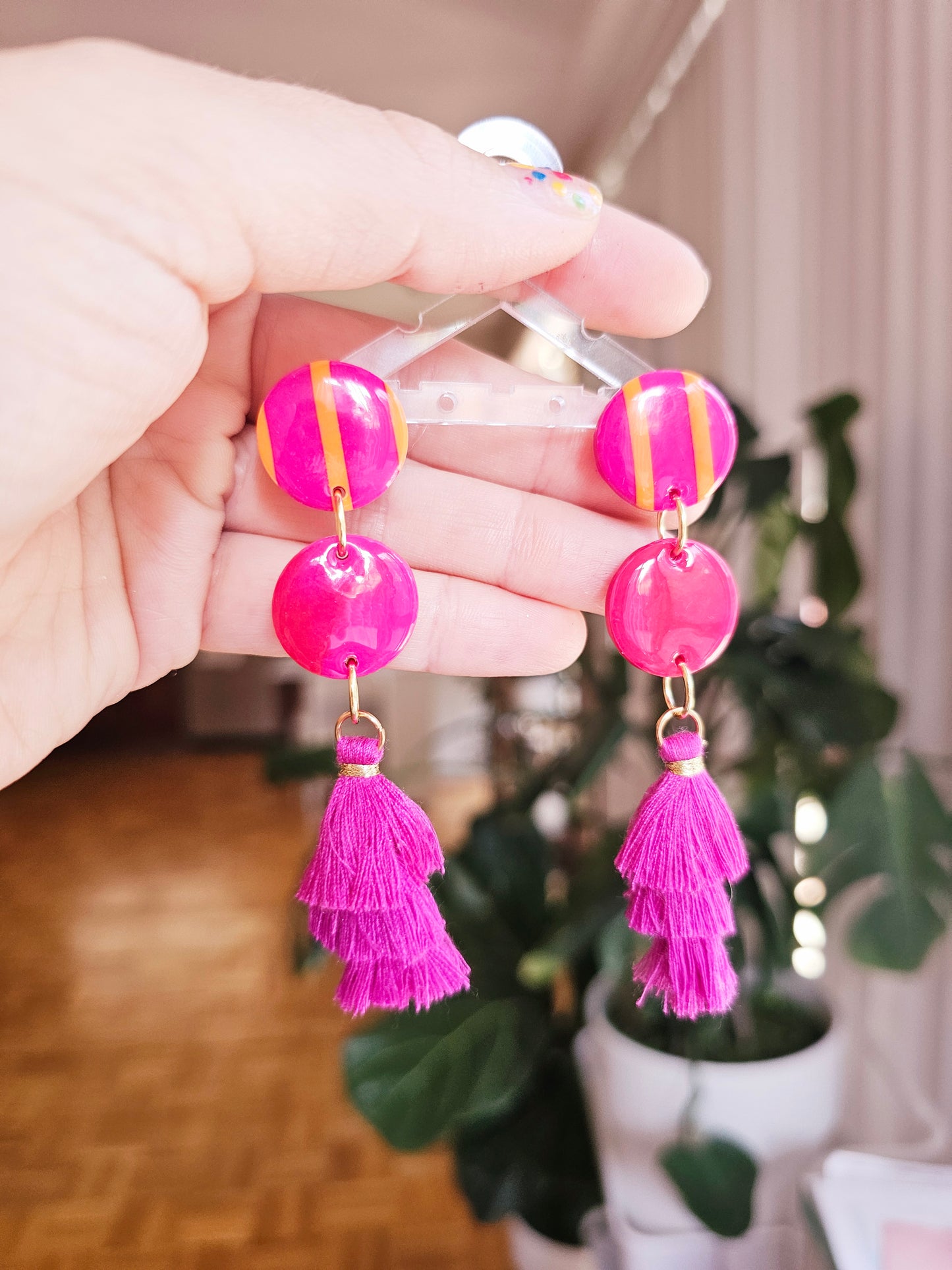 Vibrant Pink Tiered Tassel Earrings - Playful Polymer Clay Statement Dangles
