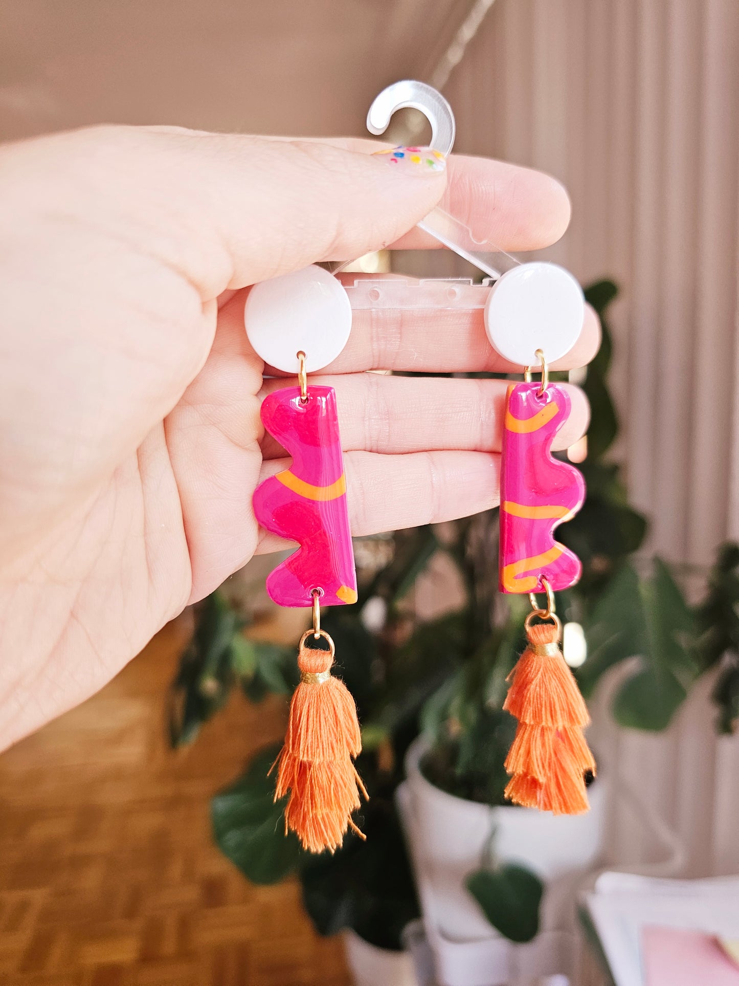 Pink Wavy Tassel Earrings - Abstract Polymer Clay Statement Dangles | Pink and Sage