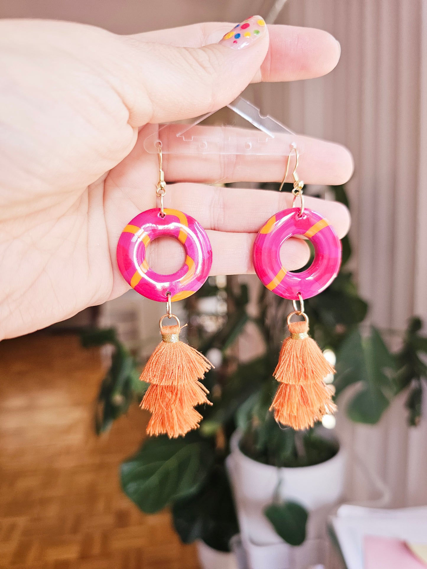 Orange Pink Tassel Earrings - Geometric Polymer Clay Statement Dangles | Pink and Sage