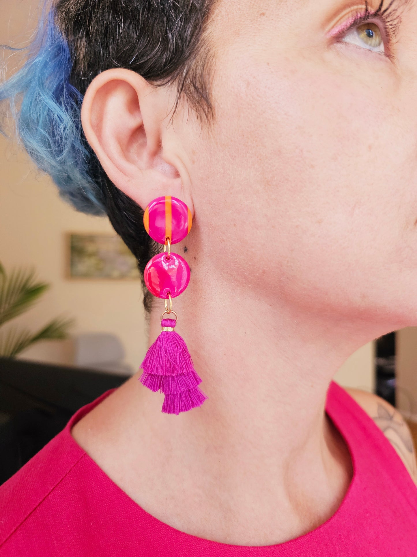 Vibrant Pink Tiered Tassel Earrings - Playful Polymer Clay Statement Dangles