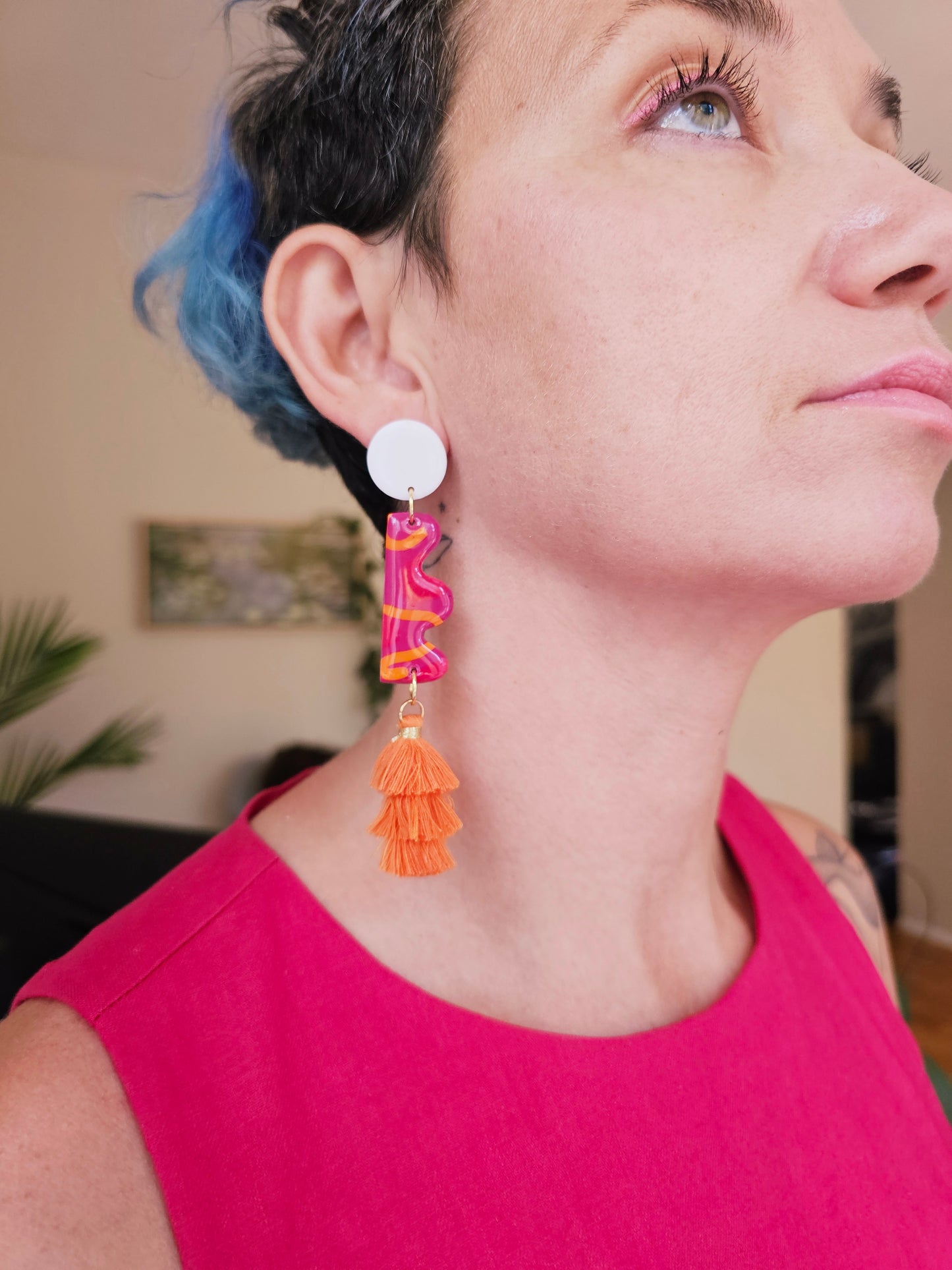 Pink Wavy Tassel Earrings - Abstract Polymer Clay Statement Dangles | Pink and Sage