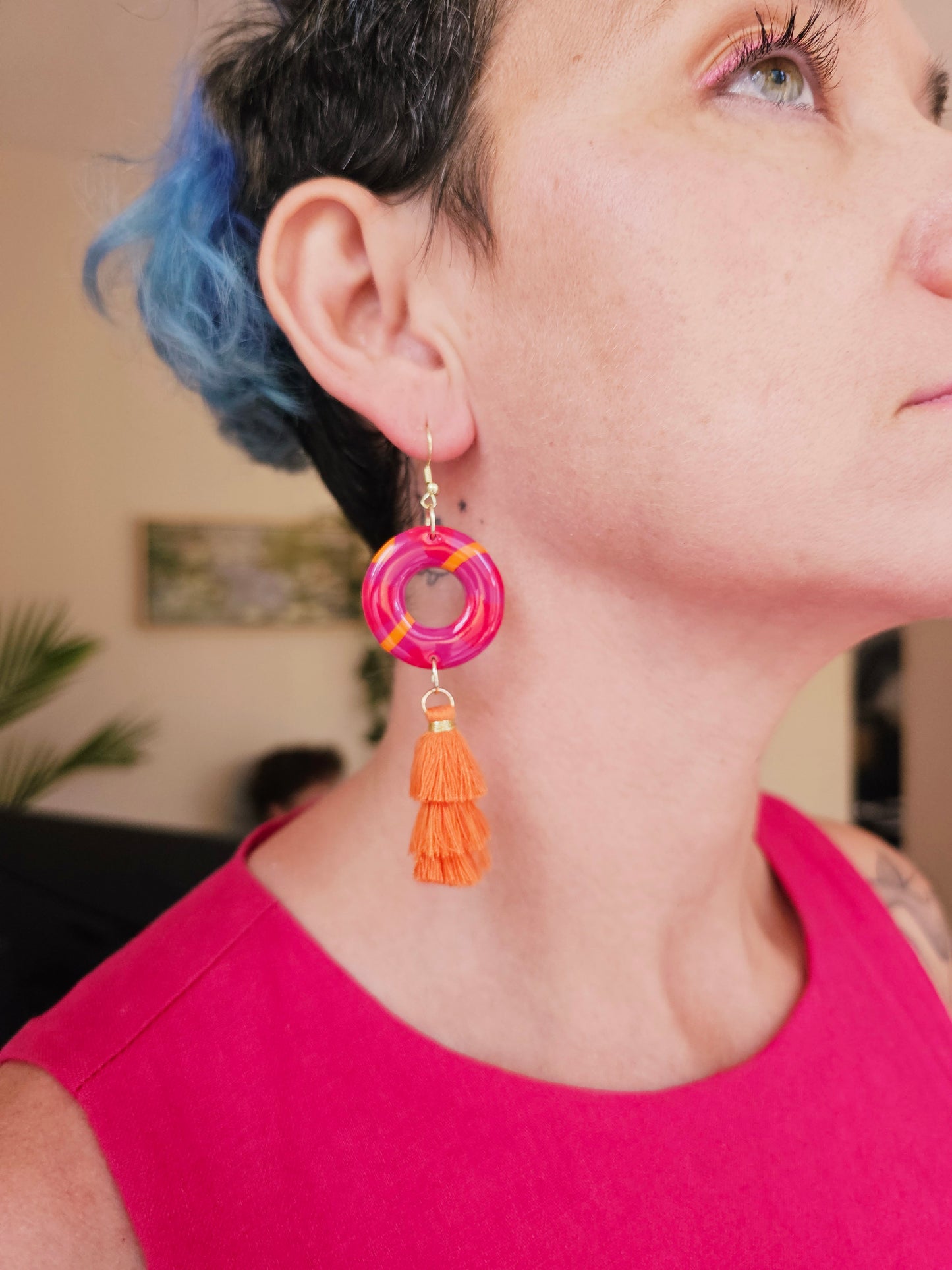 Orange Pink Tassel Earrings - Geometric Polymer Clay Statement Dangles | Pink and Sage