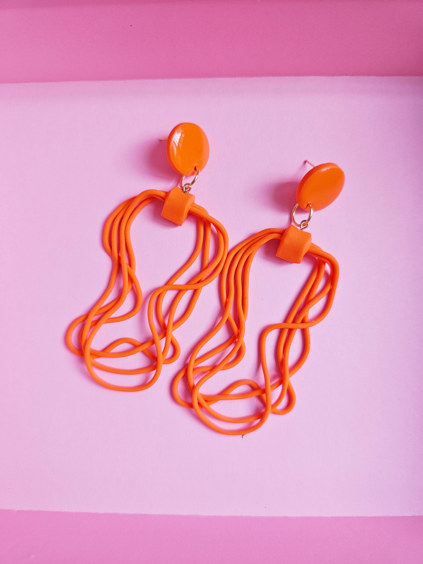 Turquoise & Orange Flowing Effect Earrings - Abstract Polymer Clay Statement Dangles