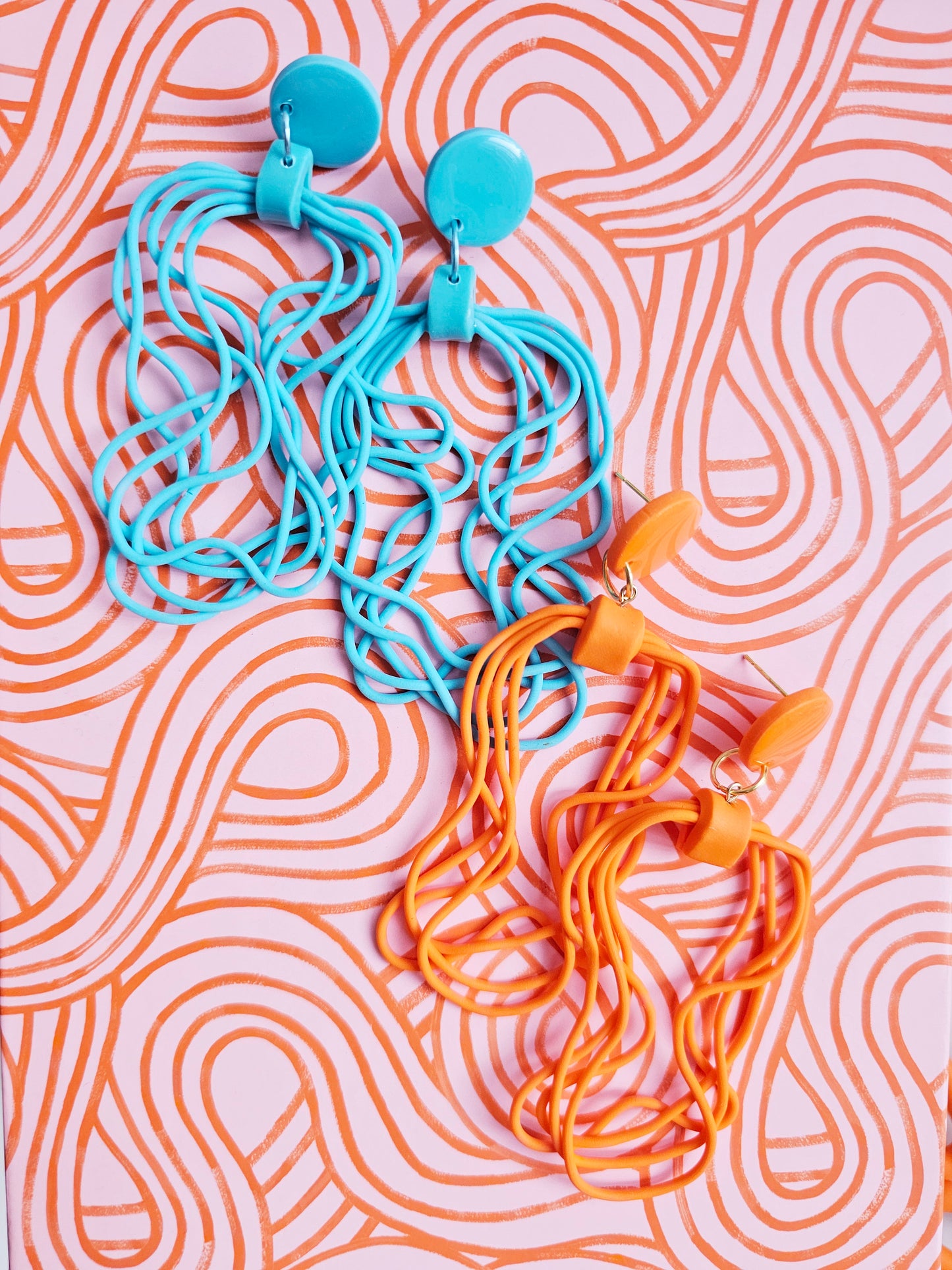 Turquoise & Orange Flowing Effect Earrings - Abstract Polymer Clay Statement Dangles