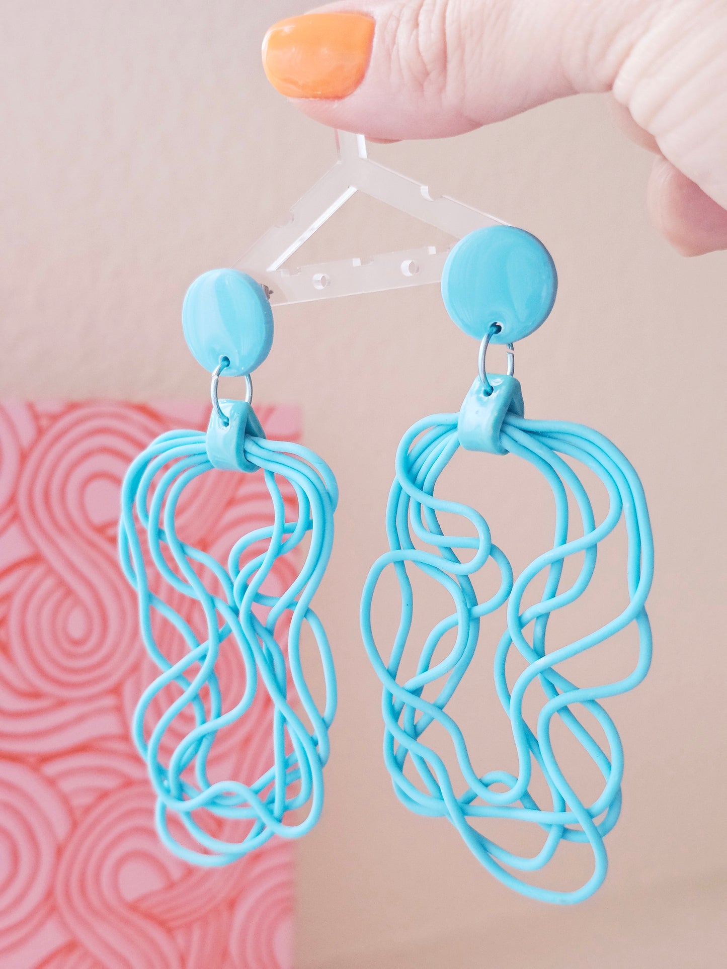 Turquoise & Orange Flowing Effect Earrings - Abstract Polymer Clay Statement Dangles