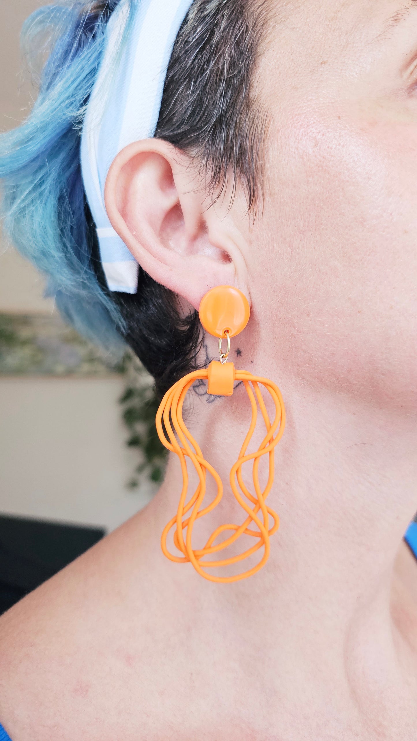 Turquoise & Orange Flowing Effect Earrings - Abstract Polymer Clay Statement Dangles