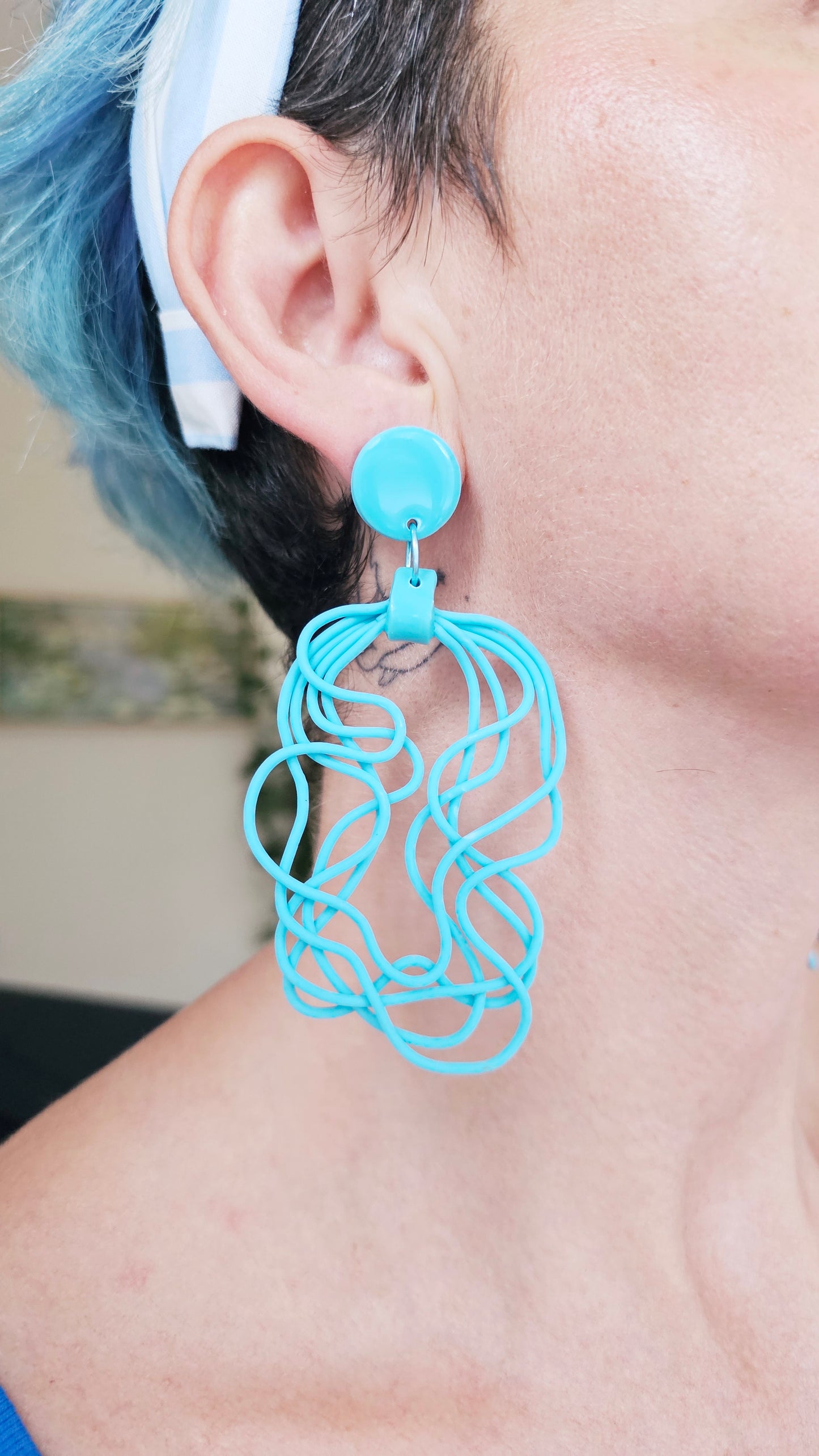 Turquoise & Orange Flowing Effect Earrings - Abstract Polymer Clay Statement Dangles